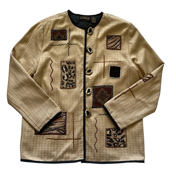Vintage Allure Tan and Black Blazer with Artistic Patchwork - Picture 5 of 10